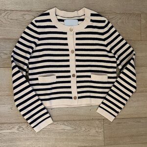 NVLT Striped Navy and Cream Women's Cardigan with brushed brass buttons.